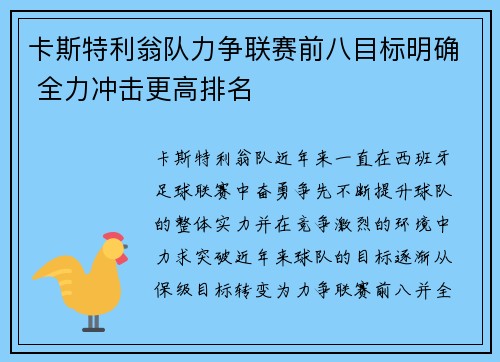 卡斯特利翁队力争联赛前八目标明确 全力冲击更高排名