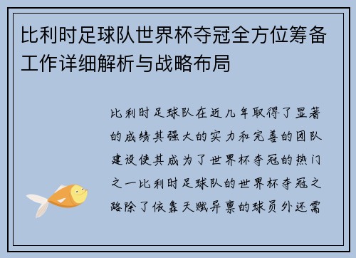 比利时足球队世界杯夺冠全方位筹备工作详细解析与战略布局