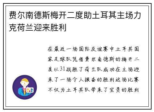 费尔南德斯梅开二度助土耳其主场力克荷兰迎来胜利