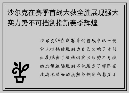 沙尔克在赛季首战大获全胜展现强大实力势不可挡剑指新赛季辉煌